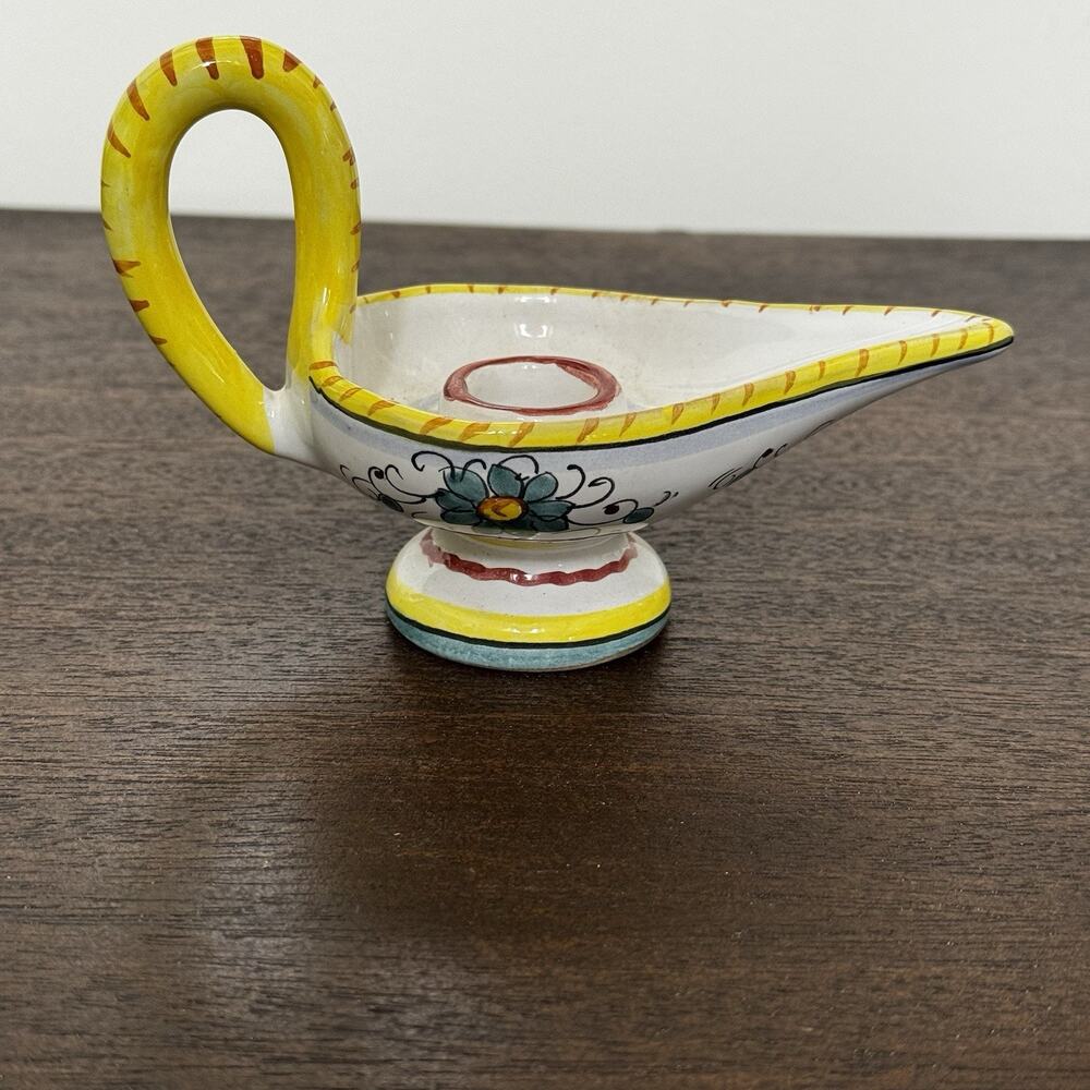 Vintage Italian Candle Holder Floral Aladdin‎ Lamp Ceramic Hand Painted Signed